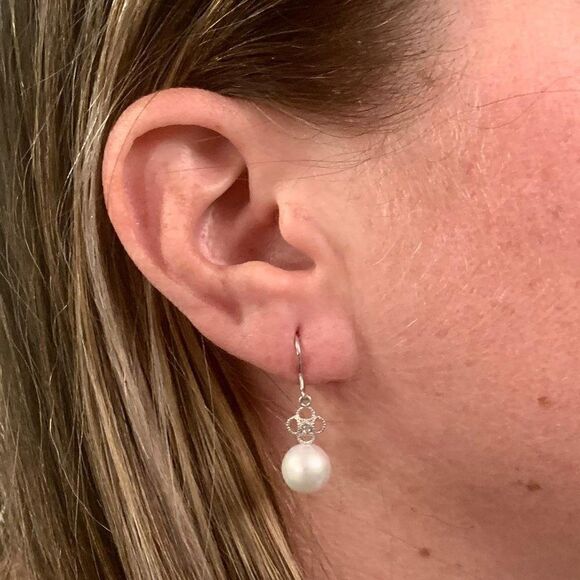 Diamond Akoya Pearl Earrings 14 KT White Gold 9.22 mm Certified $990 017530 - Picture 1 of 6